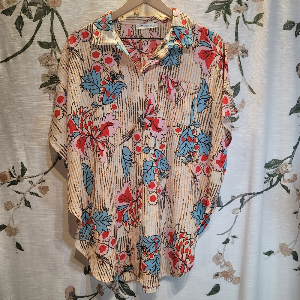 Cupshe Modern Floral Button-down Stripe Swimsuit Coverup Size Small